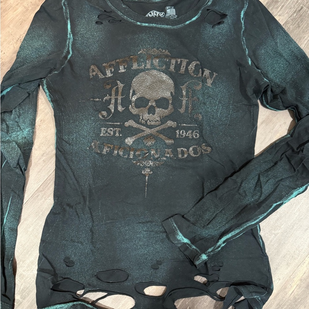 Affliction Green Graphic Cut Out Long Sleeve Tee